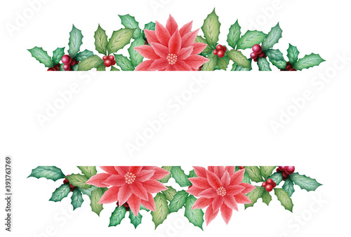 Merry Christmas watercolor illustration with hand drawn holly and poinsettia isolated on white background. Christmas decoration design for invitation, posters, greeting card