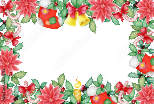 Watercolor Christmas illustration with hand drawn frame from holly and poinsettia isolated on white background. Christmas decoration design for invitation, poster, card, print