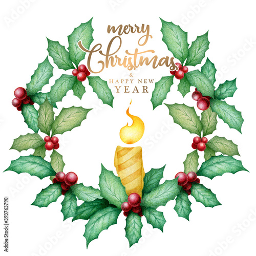 Watercolor hand drawn illustration with candle and holly wreath isolated on white background. Christmas, New year decoration design for invitation, posters, greeting card