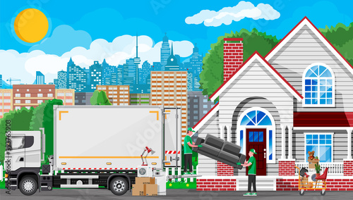 Moving to new house. Family relocated to new home. Male mover, paper cardboard boxes near house, delivery truck. Package for transportation. Household items and electronics. Flat vector illustration