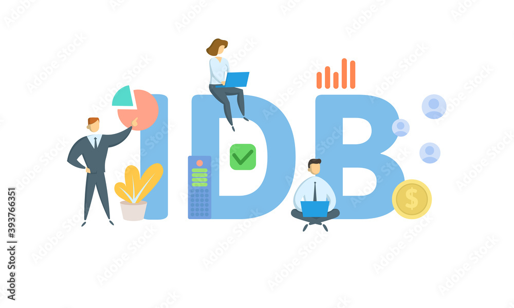 IDB, Industrial Development Bond. Concept with keywords, people and icons. Flat vector illustration. Isolated on white background.