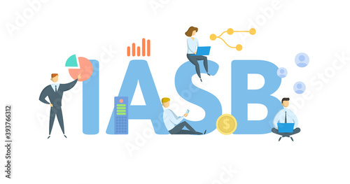 IASB, International Accounting Standards Board. Concept with keywords, people and icons. Flat vector illustration. Isolated on white background.