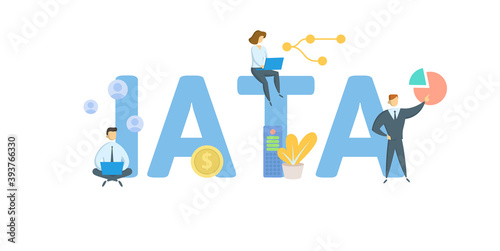 IATA, International Air Transport Association. Concept with keywords, people and icons. Flat vector illustration. Isolated on white background.