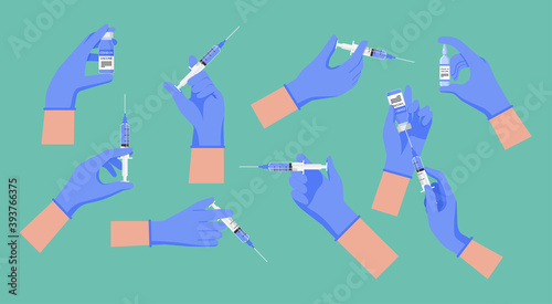 concept of medical flu vaccination with ampoules vaccine and syringe with needle shot in doctor hands wearing rubber glove for treatment of influenza coronavirus or COVID-19, vector flat illustration