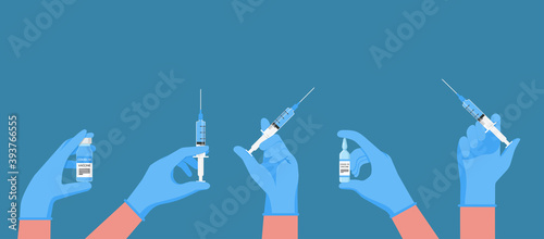 medical flu vaccination shot concept of doctor hand wear rubber glove holding syringe with needle and ampoules vaccine for the treatment of influenza coronavirus or COVID-19, vector flat illustration photo