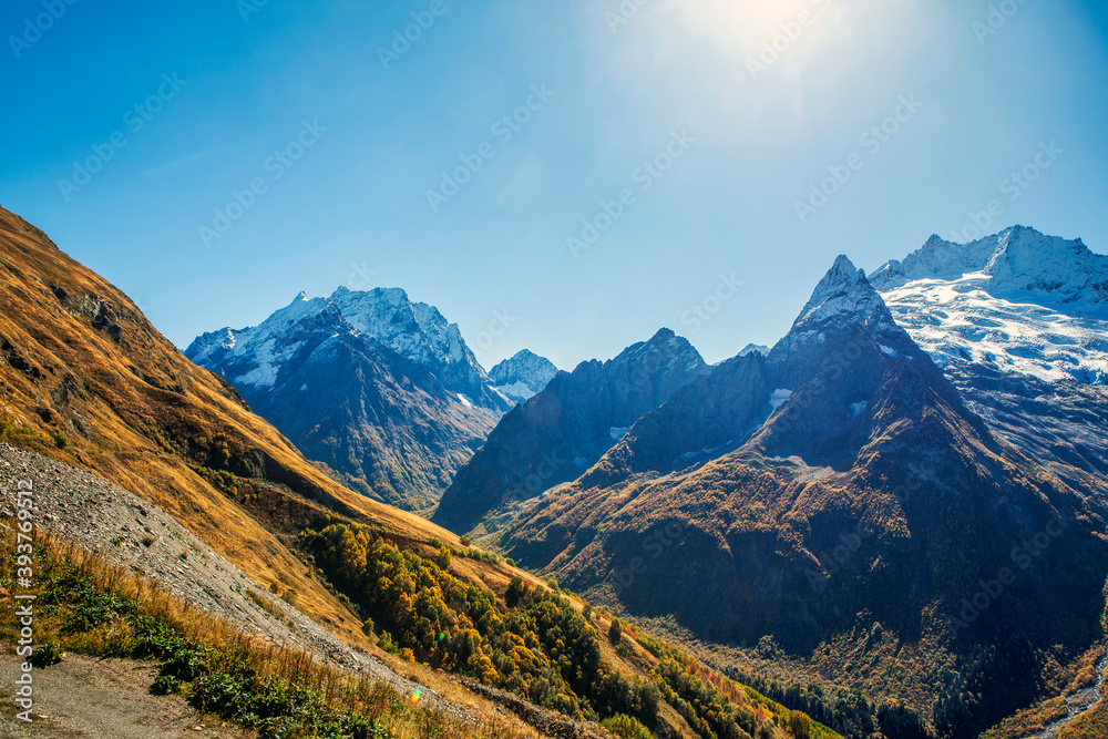 Picturesque peaks of the Dombay-Ulgen, Dzhuguturluchat and Ine Peak mountains. Dombay. Karachay-Cherkessia. Russia