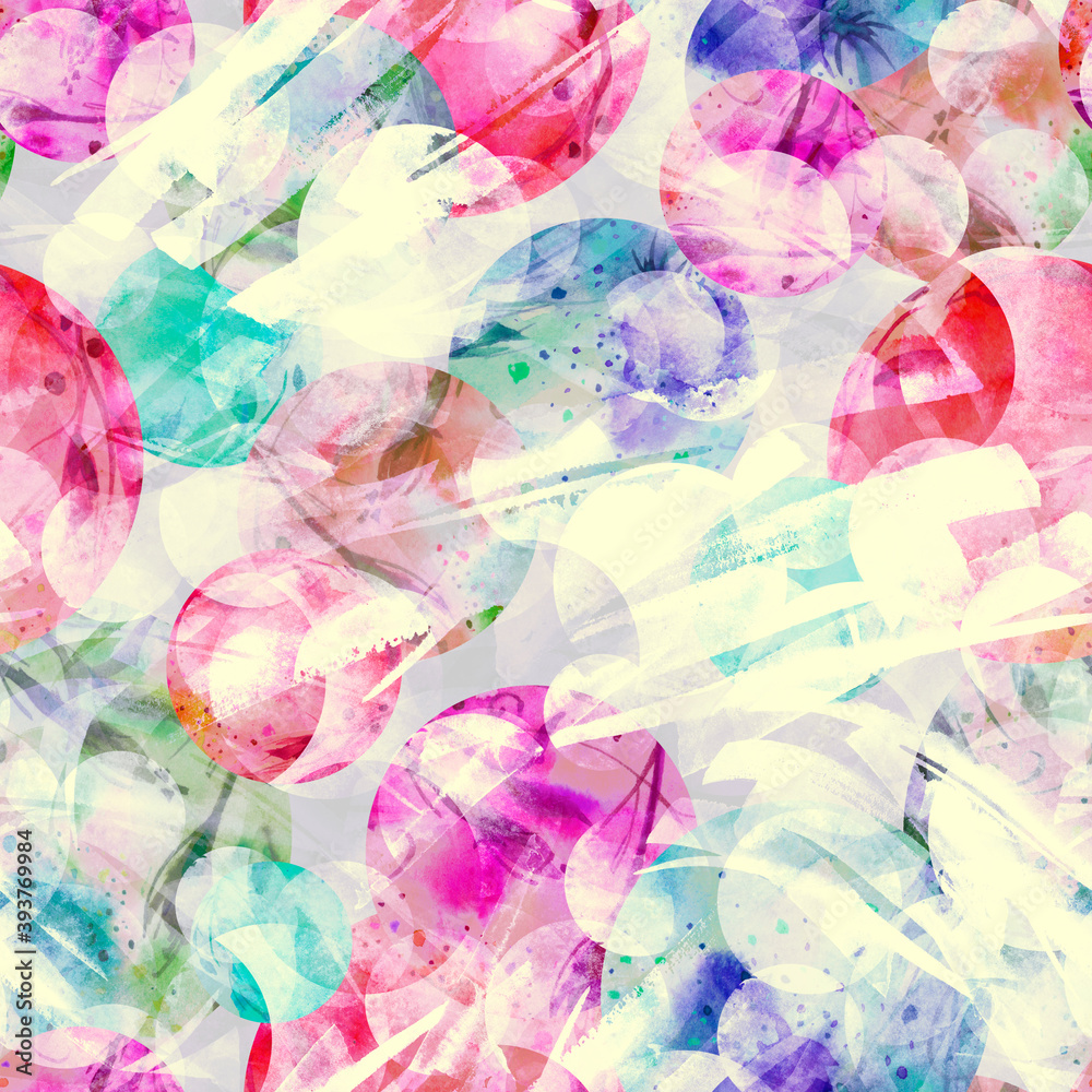Abstract seamless background. Wild grass, wild flower. Colorful confetti,, soap bubbles. Beautiful abstract background. round abstract spot. For fabric, cover, packaging, material, wallpaper, scarf. 