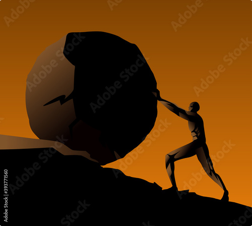 Sisyphus greek myth rolling a rock in a mountain