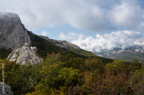 Mount Ilyas Kaya, near the village of Laspi, Republic of Crimea, Russia. Cloudy day September 25, 2020