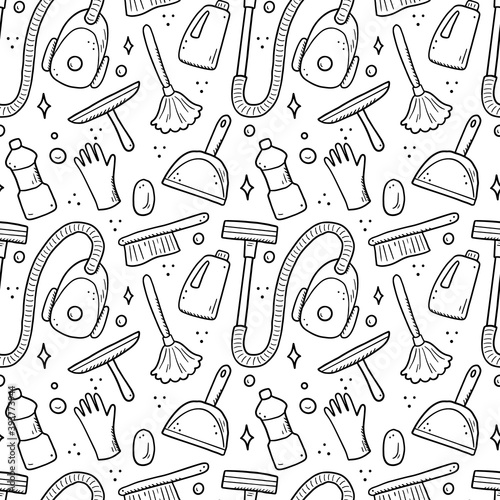 Hand drawn seamless pattern of cleaning equipments, sponge, vacuum, spray, broom, bucket. Doodle sketch style. Clean element drawn by digital brush-pen. Illustration for background, wallpaper, banner.
