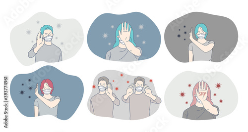 Danger or coronavirus infection, protection, facial mask, epidemic, pandemic, outbreak concept. People in medical protective masks showing risks of spreading corona infection preventing bacteria flow