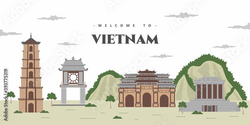 Vietnam city landscape with historical world famous building landmark. Vietnam Landmarks, frame, travel and tourist attraction. World cities vacation travel sightseeing Asia collection.