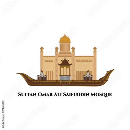 Omar Ali Saifuddien Mosque. An Islamic mosque in Bandar Seri Begawan, the capital of Brunei. Flat cartoon style historic sight showplace attraction web site vector illustration.
