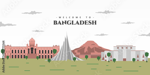 Welcome to Bangladesh postcard. Beautiful landscape view with famous building landmark. Travel and safari concept of Asia. Around the world. Vector illustration