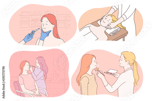 Cosmetology, dermatology, make up, massage, skincare concept. Young women cartoon characters getting procedures of beauty injection, facial massage, professional make up from doctors and beauticians