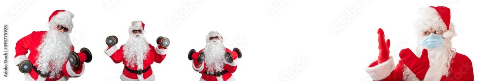 Santa Claus wearing a medical mask pointing at other Santa Clauses working out and doing bicep curls. Isolated on white background. Sport, fitness, medical conept. Banner size, copy space Santa Claus wearing a medical mask pointing at other Santa Clauses working out and doing bicep curls. Isolated on white background. Sport, fitness, medical conept. Banner size, copy space
