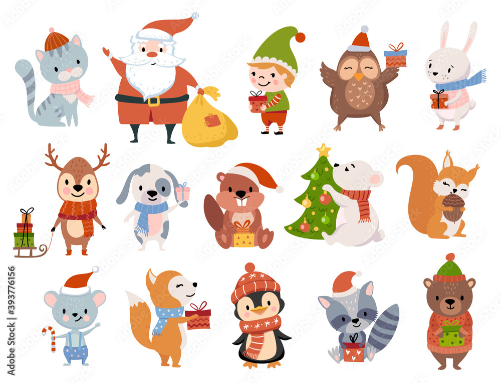 Cute Christmas animals, cartoon characters with gifts. Winter Holiday  illustration. Perfect for greeting cards. Stock Vector | Adobe Stock