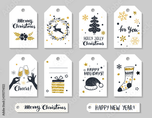 Christmas and New Year gif tags.  Set of printable hand drawn holiday labels. Vector badge design in black white and gold.