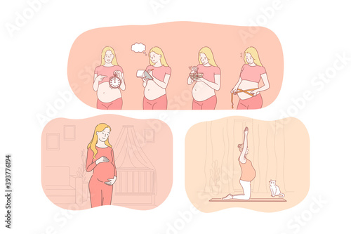 Pregnancy, motherhood, expecting for childbirth and baby concept. Young happy pregnant women cartoon characters measuring belly, relaxing on mat, feeling love and counting days before birth giving day