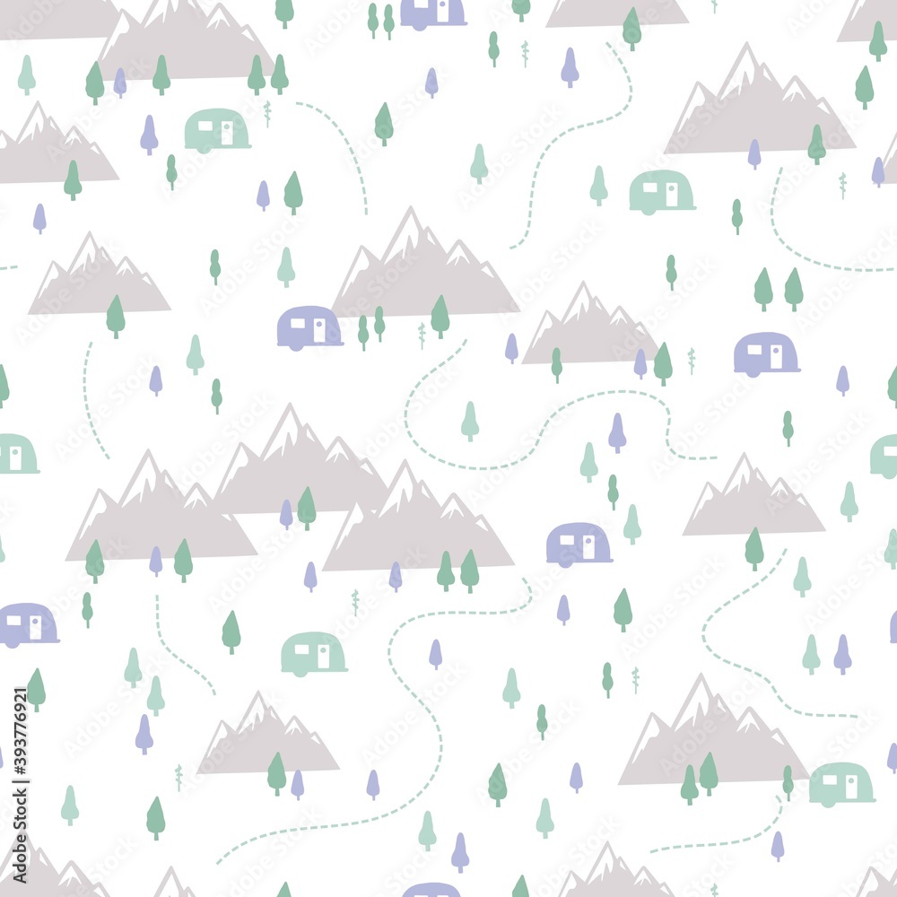 Camper Van and Mountain Adventure Vector Illustration Seamless Pattern