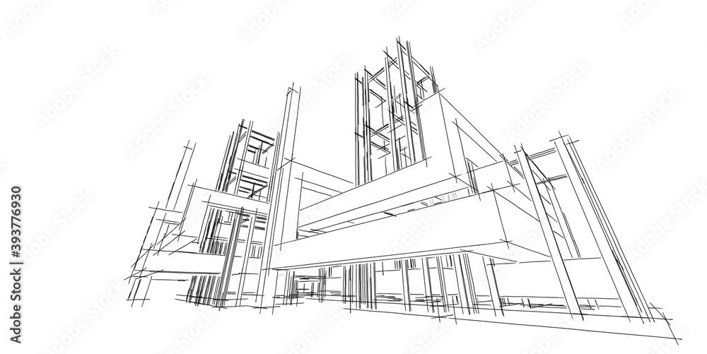 House building sketch architecture 3d wireframe illustration, Modern architectural perspective line