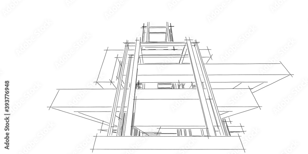 House building sketch architecture 3d wireframe illustration, Modern architectural perspective line