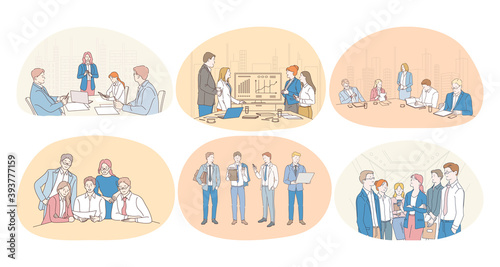 Teamwork, coaching, negotiations, finance, marketing, finance, development, communication concept. Business people office workers discussing projects collaborating making presentations and couching