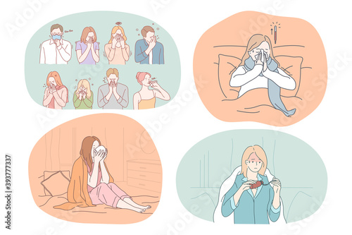 Cold, flu, virus, sick, illness, fever, sickness, infection concept. Unhappy young people feeling ill with high temperature sneezing taking medicine drinking hot tea in bed and coughing