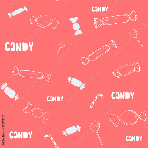 Pink background wrapped candies seamless pattern vector illustration. Hand drawn doodle sketch. Wrapping paper.