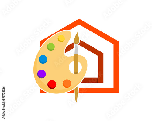 Color palette and brush with house behind
