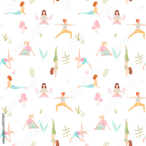 Beautiful vector seamless pattern with watercolor cute yoga girls. Stock illustration.
