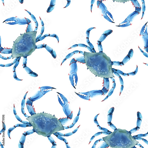 Beautiful vector seamless underwater pattern with watercolor blue crabs. Stock illustration.