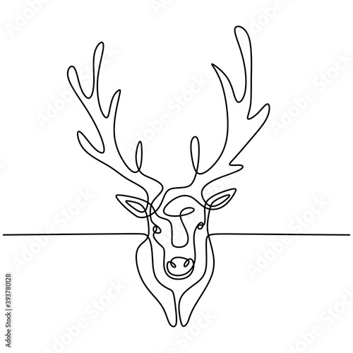 The deer. Continuous one line drawing of reindeer head. Winter animal mascot isolated on white background. Christmas animal symbol hand drawn sketch minimalism design. Vector illustration