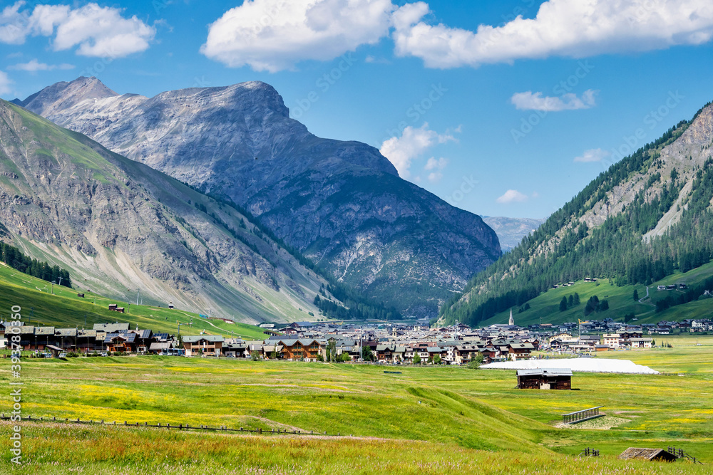 View of Livigno, an Italian town in the province of Sondrio in Lombardy, Italy.