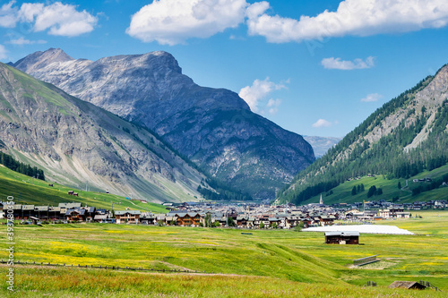 View of Livigno, an Italian town in the province of Sondrio in Lombardy, Italy.