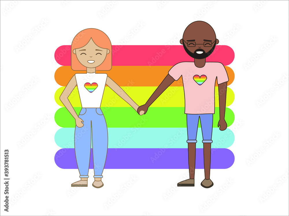 Couples in love on a rainbow background. Theme of the LGBT movement. Vector image in eps format.