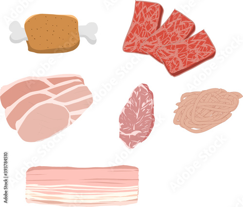 骨付き肉、ベーコン、豚バラ、カルビの肉のイラストセット