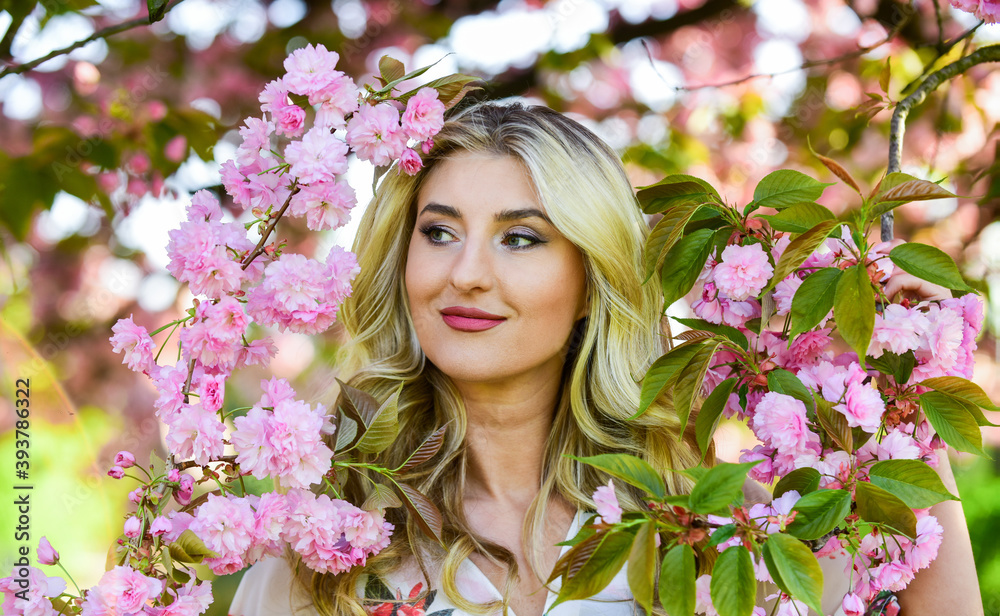Happy spring day. Harmony and female energy. Spring symbol. Girl enjoy sakura in garden. Cherry tree. Good vibes. Floral aroma. Spring blossoming tree. Reasons why flowers always make women happy Happy spring day. Harmony and female energy. Spring symbol. Girl enjoy sakura in garden. Cherry tree. Good vibes. Floral aroma. Spring blossoming tree. Reasons why flowers always make women happy