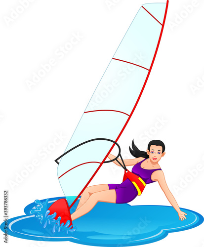 woman is playing windsurfing