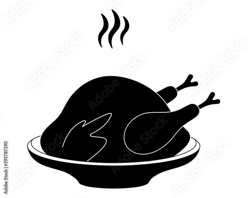 Roasted turkey. Silhouette. Juicy meat on a plate. Fragrant smoke. Vector illustration. Black and white icon. Isolated white background. Thanksgiving day symbol. Appetizing chicken. 