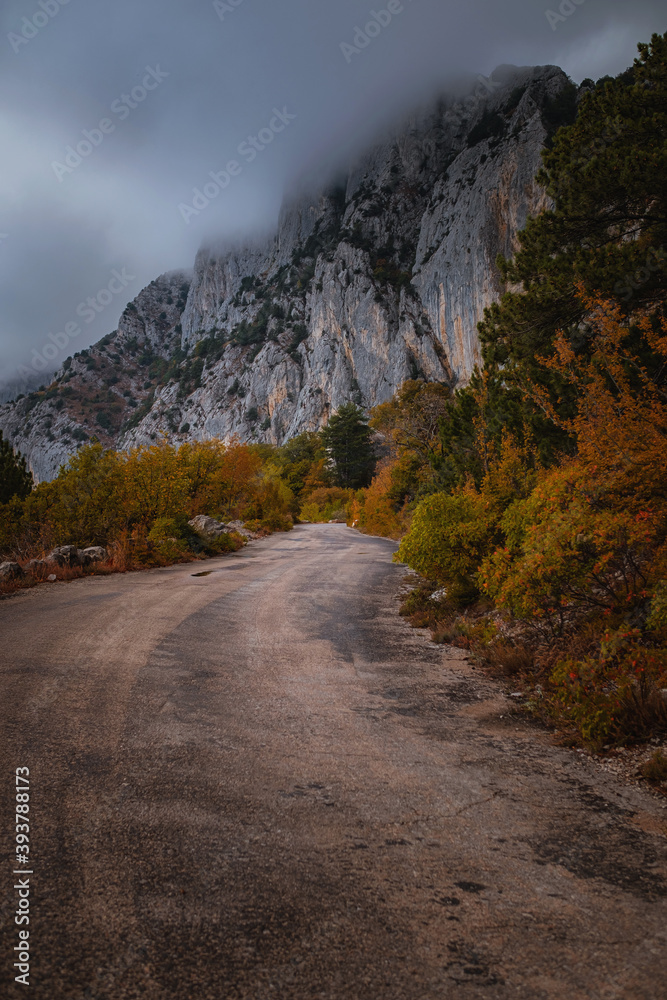 Landscape with beautiful empty mountain road , high rocks, trees and cloudy sky. Landscape with beautiful empty mountain road , high rocks, trees and cloudy sky.