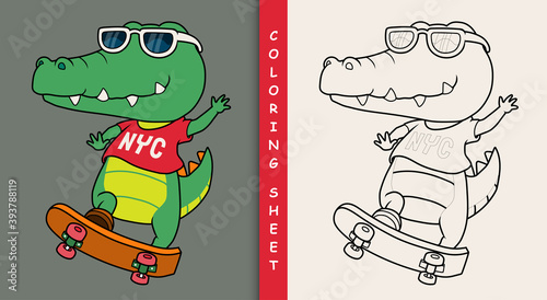 Cool crocodile playing skateboard.