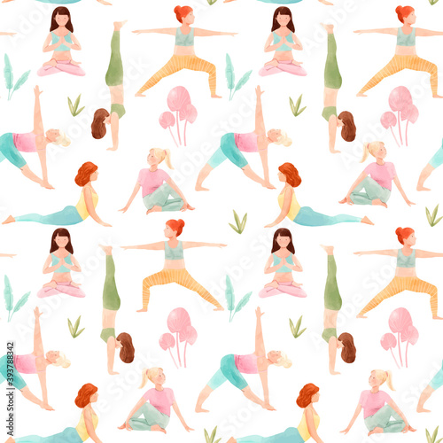 Beautiful vector seamless pattern with watercolor cute yoga girls. Stock illustration.