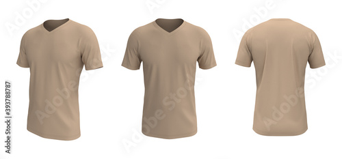 men's short sleeve t-shirt mockup in front, side and back views, design presentation for print, 3d illustration, 3d rendering
