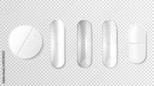 3D  Realistic white pills. Set of Drugs medicine capsules and pills. Medical pills.