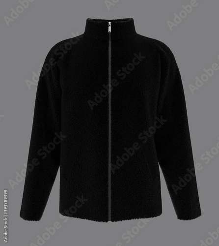 Fleece tracksuit top jacket with zip design, sportswear, track front view, 3d illustration, 3d rendering photo