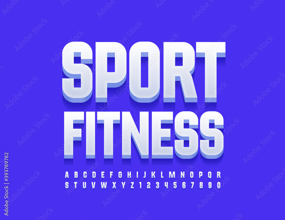 Vector healthy logo Sport Fitness. Modern white Font. 3D trendy Alphabet Letters and Numbers set