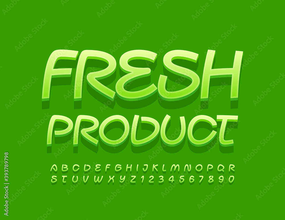 Vector quality badge Fresh Product. Artistic green Font. 3D Creative Alphabet Letters and Numbers set Vector quality badge Fresh Product. Artistic green Font. 3D Creative Alphabet Letters and Numbers set