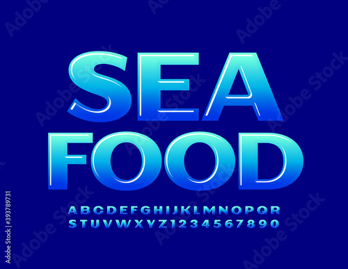 Vector creative emblem Sea Food. Gradient Blue Font. Bright glossy Alphabet Letters and Numbers set