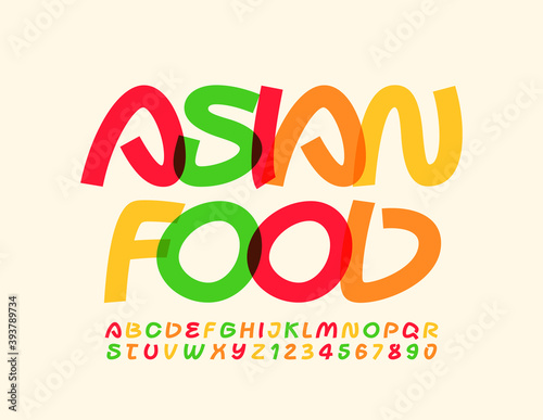 Vector creative template Asian Food. Colorful artistic Font. Bright Alphabet Letters and Numbers set